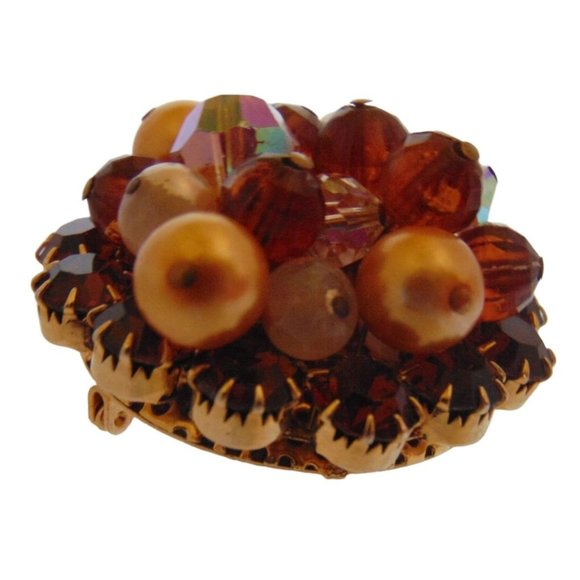 Vintage Brown Bead and Rhinestone Crystal Layered Gold Tone Brooch 2" Diameter - Picture 3 of 5